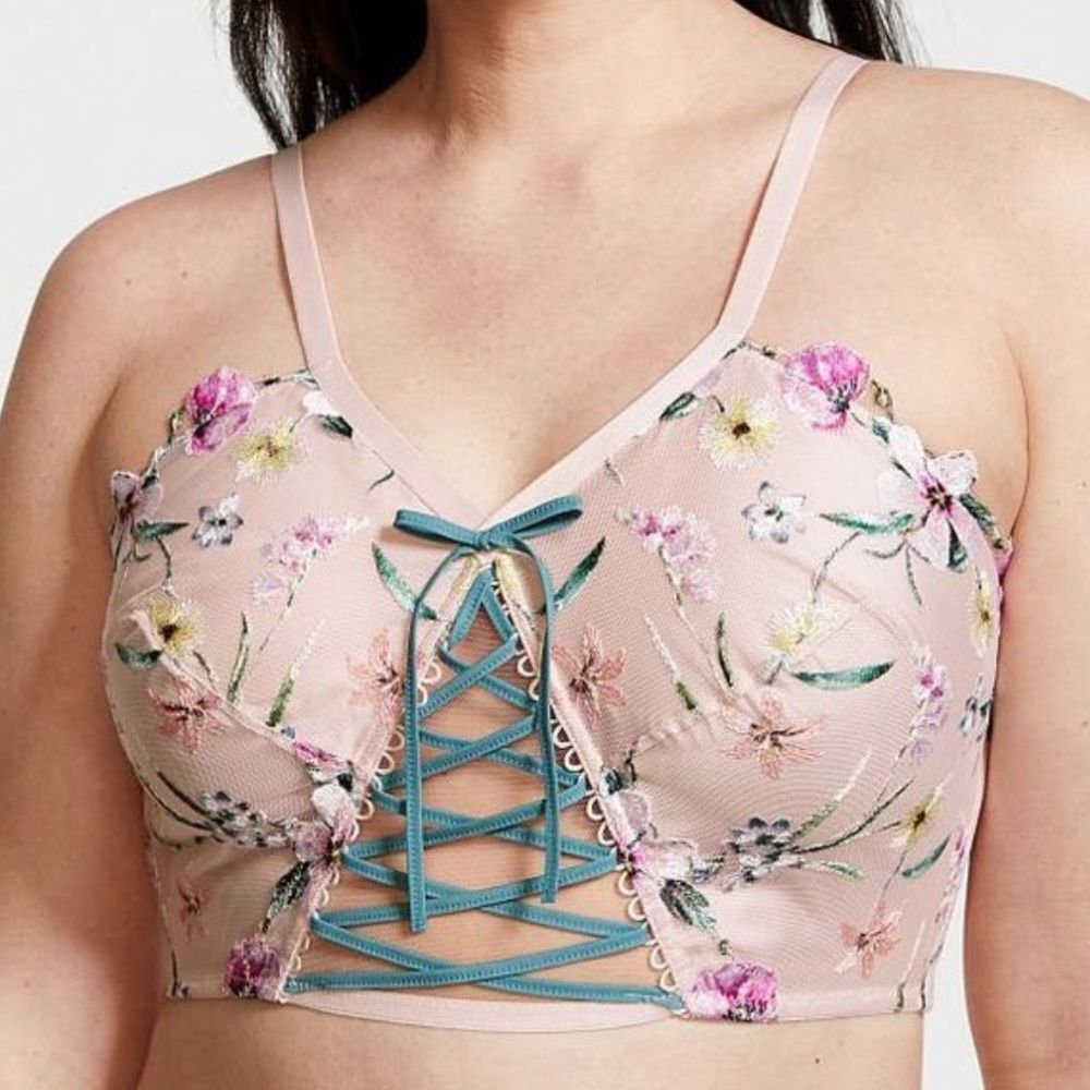 Victorias Secret Flower Embroidered mesh lace up bustier bra multicolor Xlarge